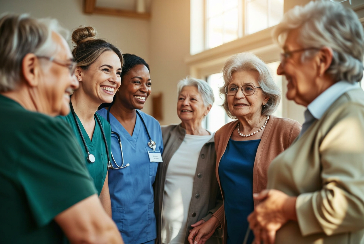 Caregiver smiling with diverse elderly residents